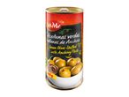 Can of green olives stuffed with anchovy paste, with text in Spanish and English.