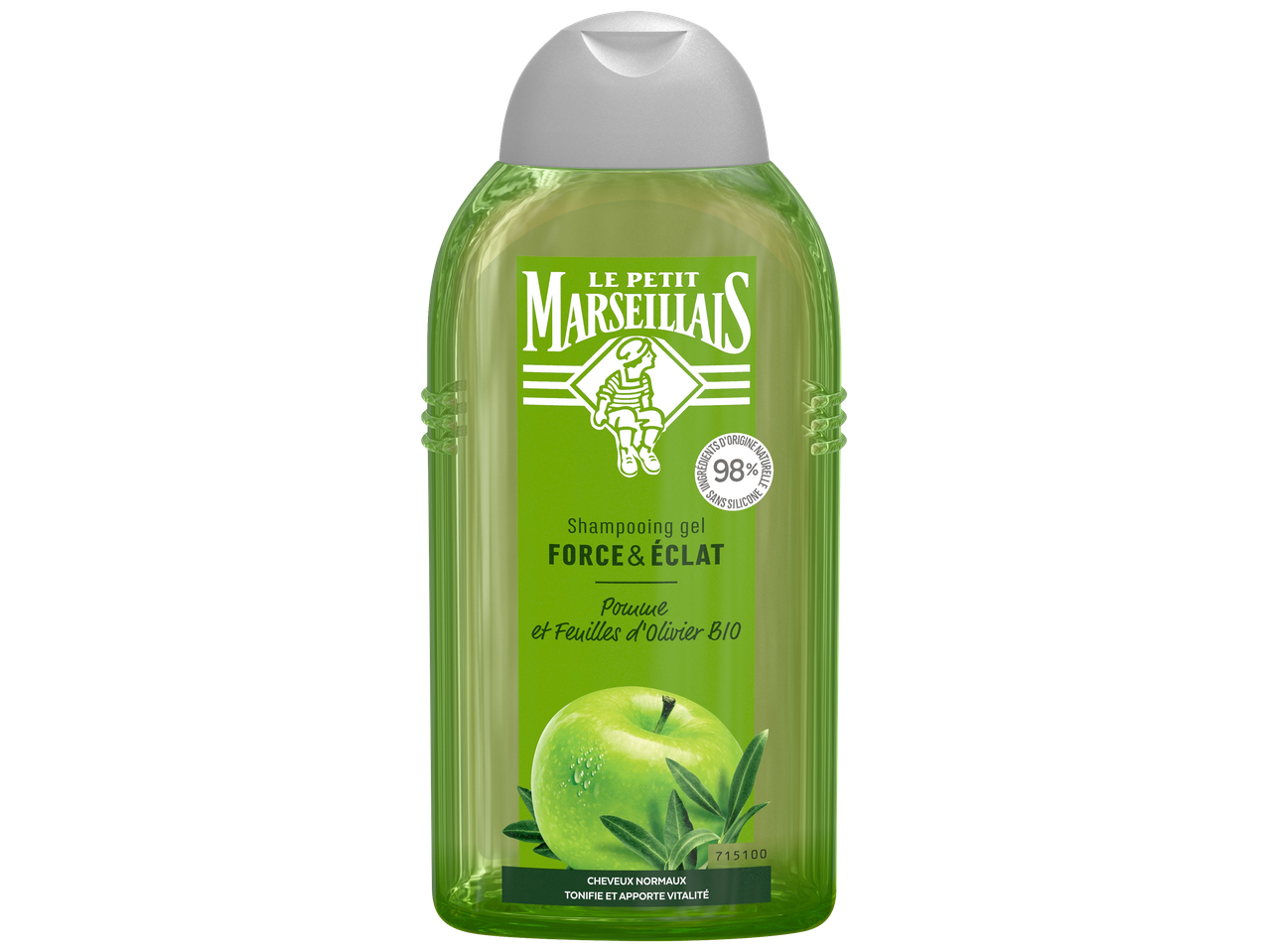 Shampooing gel pour cheveux normaux, pomme et feuilles d'olivier, 98% d'ingrédients d'origine naturelle.