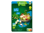 Emballage de tofu nature bio avec un saladier de tofu et de légumes, et des logos végétalien et Nutri-Score.