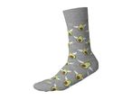 Grey sock featuring a pattern of flying cartoon avocados with angel wings and halos.
