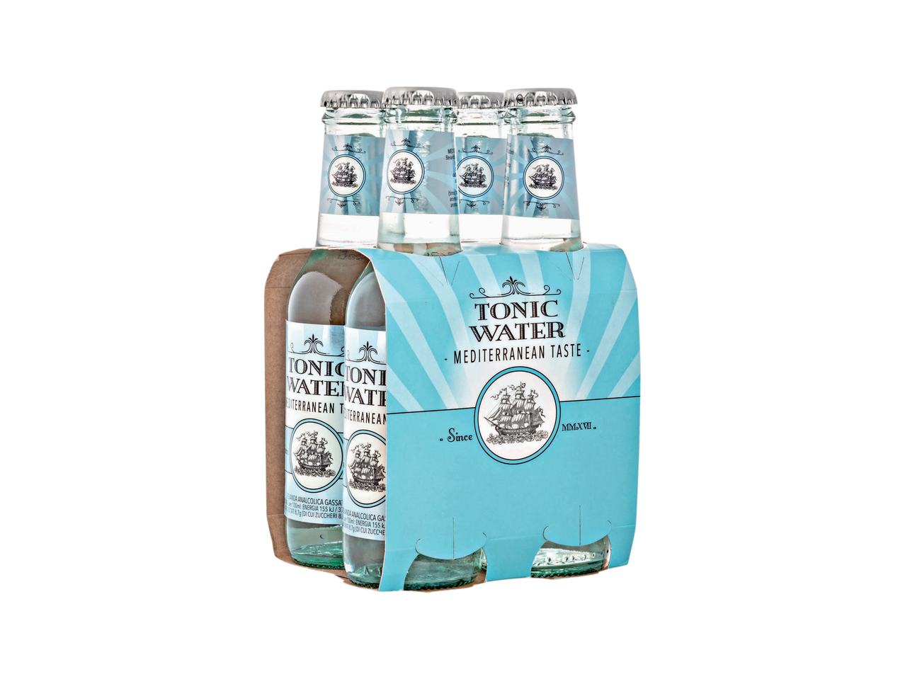 Confezione da sei bottiglie di acqua tonica con etichette blu e bianche.