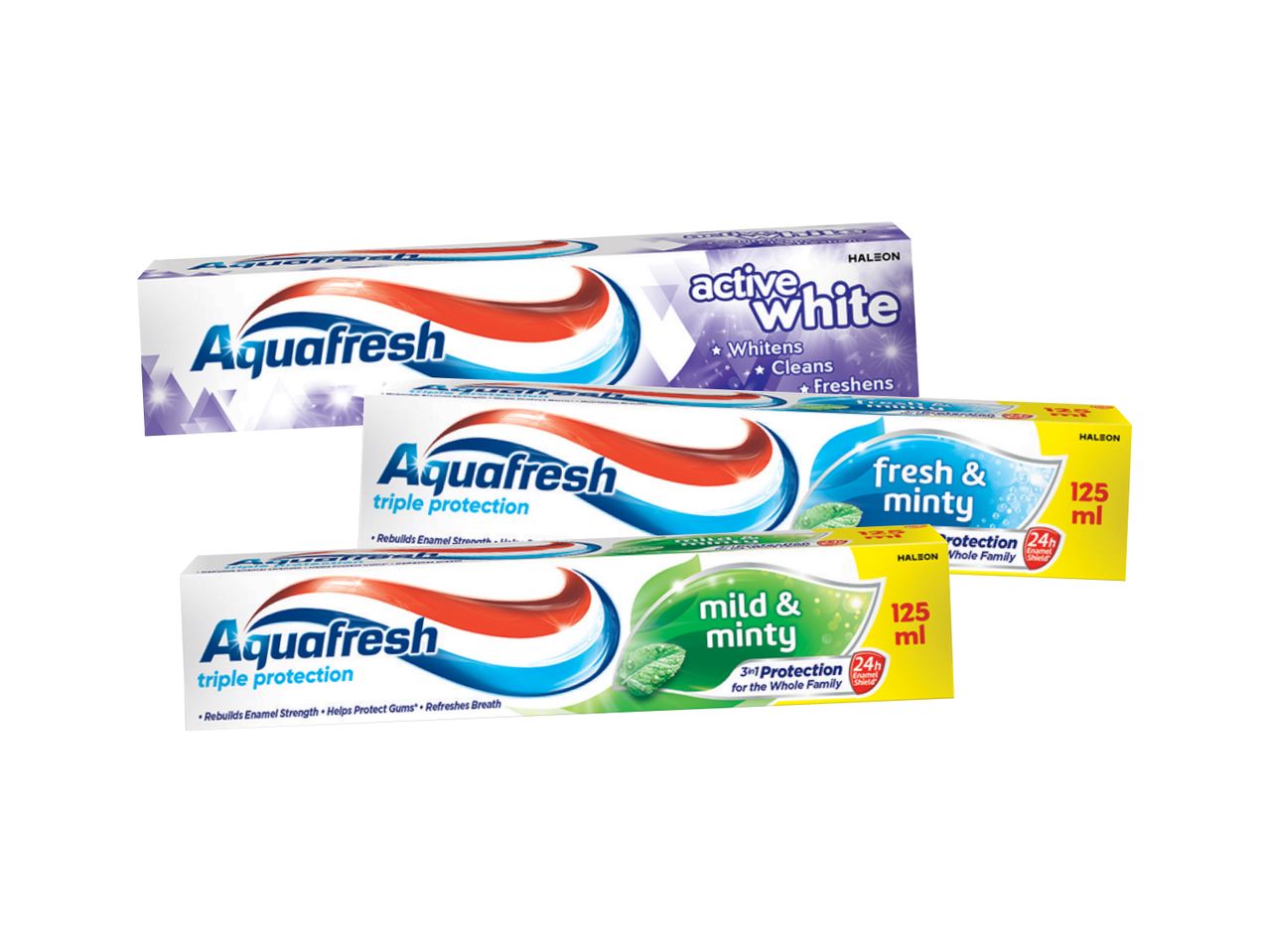 Tri pakovanja Aquafresh paste za zube: Active White, Fresh & Minty i Mild & Minty.