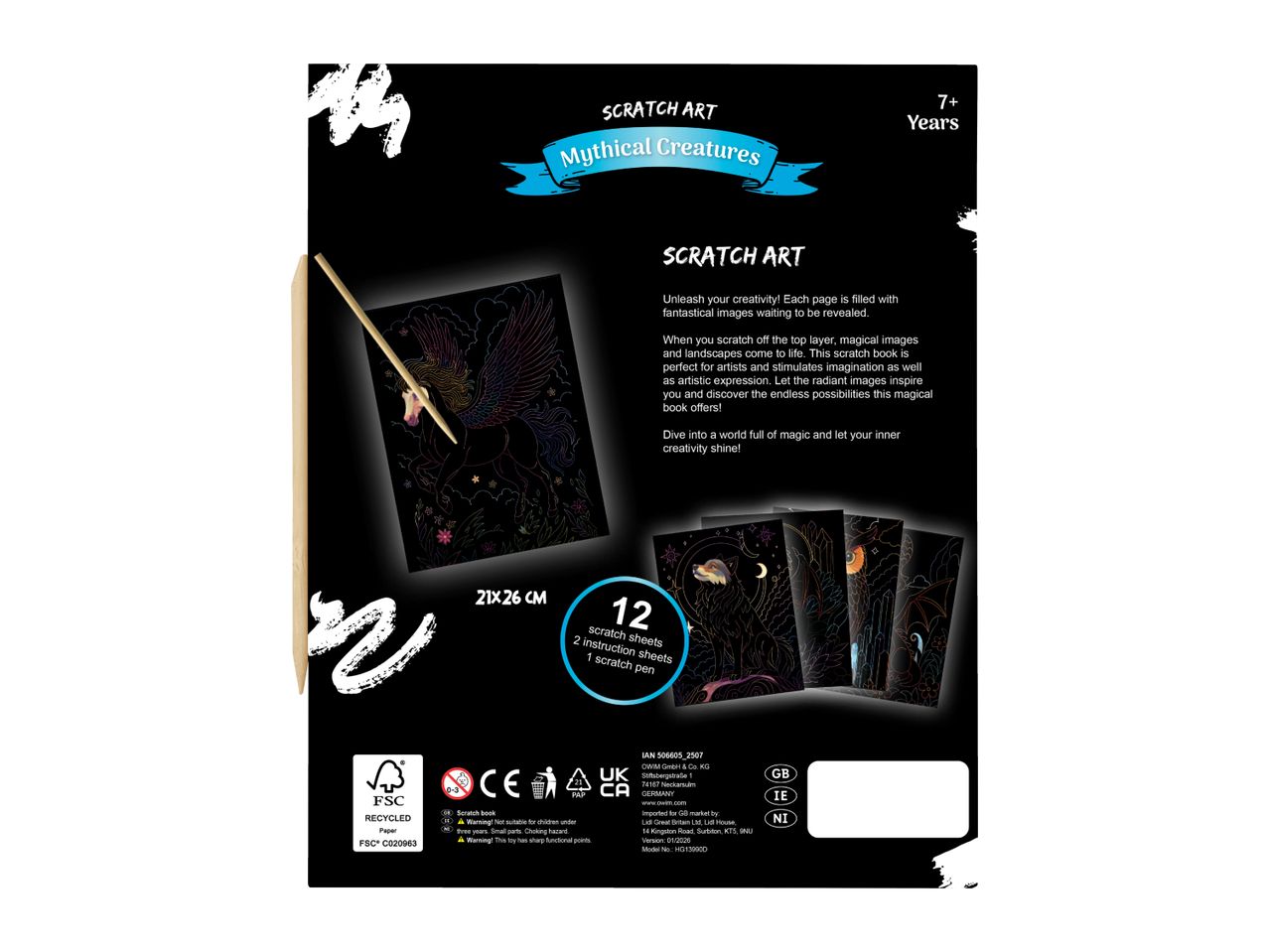 Scratch art book with mythical creatures theme, including 12 scratch sheets, 2 instruction sheets, and 1 scratch pen.