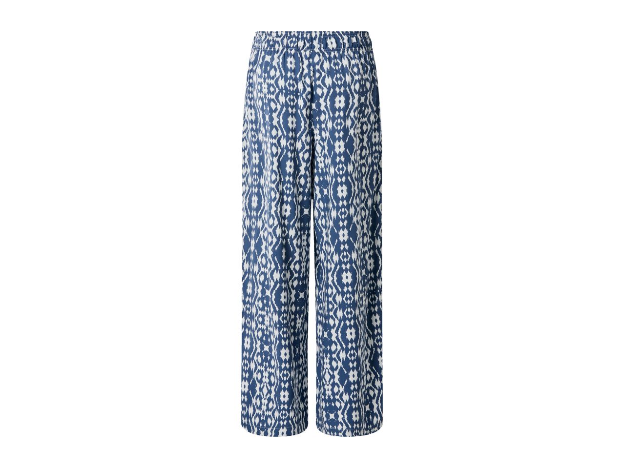Blue and white patterned wide-leg trousers with an elasticated waist.