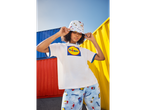 Lidl clothing: t-shirt, bucket hat, and pants with grocery prints.