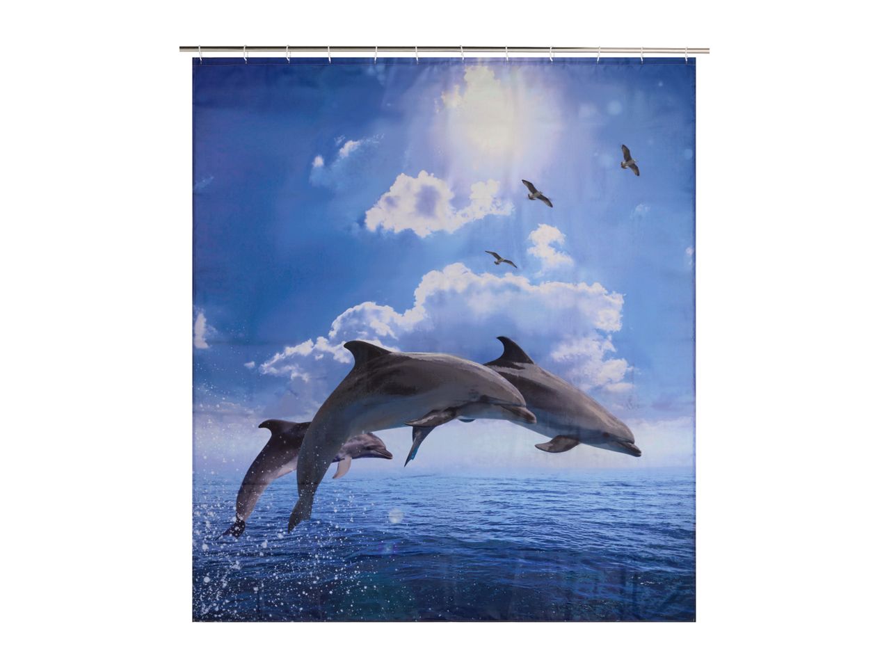 Shower curtain with a vibrant blue ocean and sky scene, featuring jumping dolphins and flying seagulls.