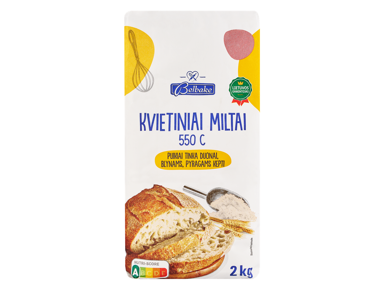 Belbake kvietiniai miltai 550 C (2 kg) – puikiai tinka duonai, blynams ir pyragams.