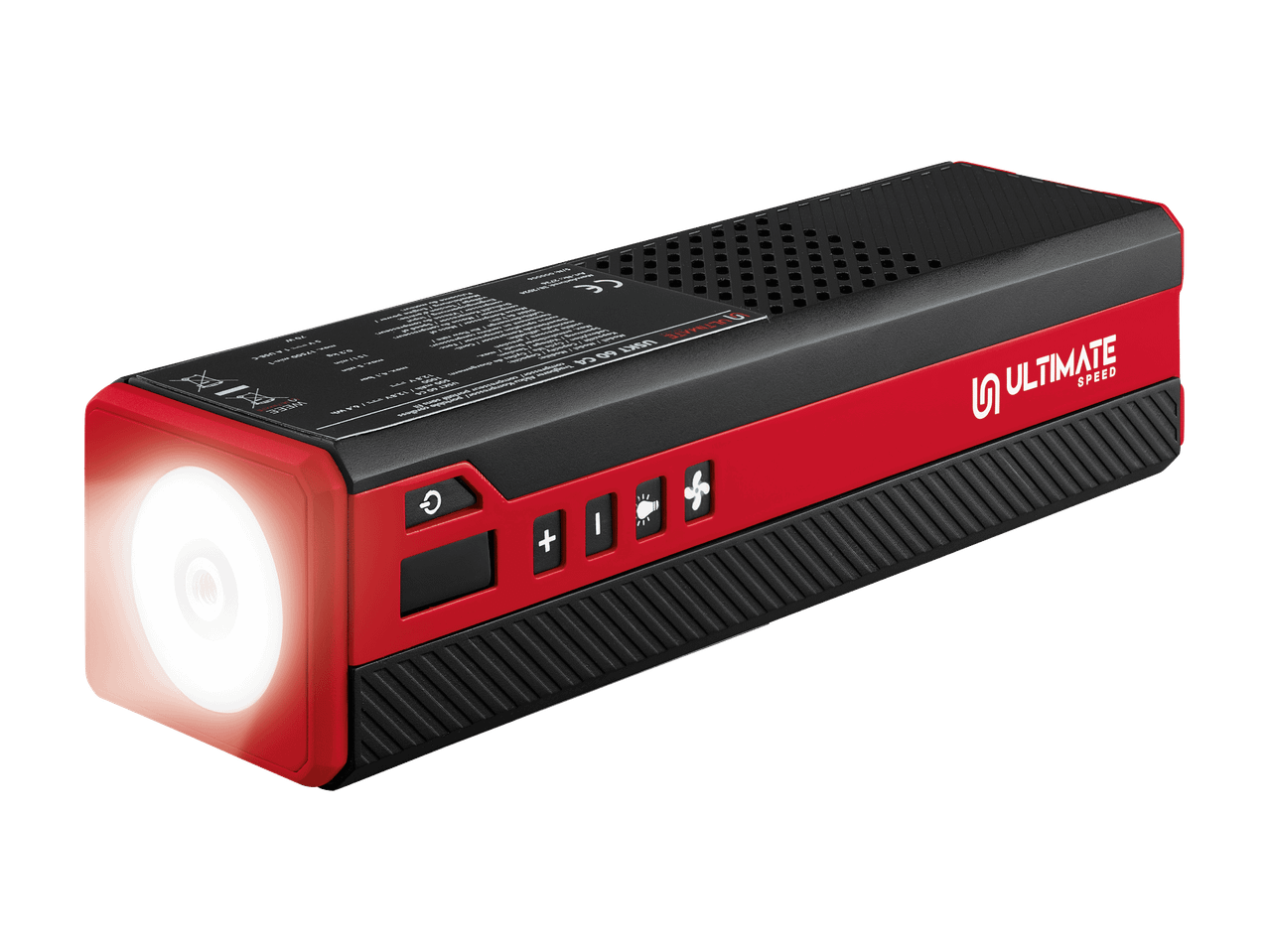 Compressore portatile rosso e nero con torcia luminosa e controlli.
