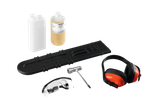 Kit de acessórios Parkside com óleo de corrente, protetor auricular, óculos e chave.