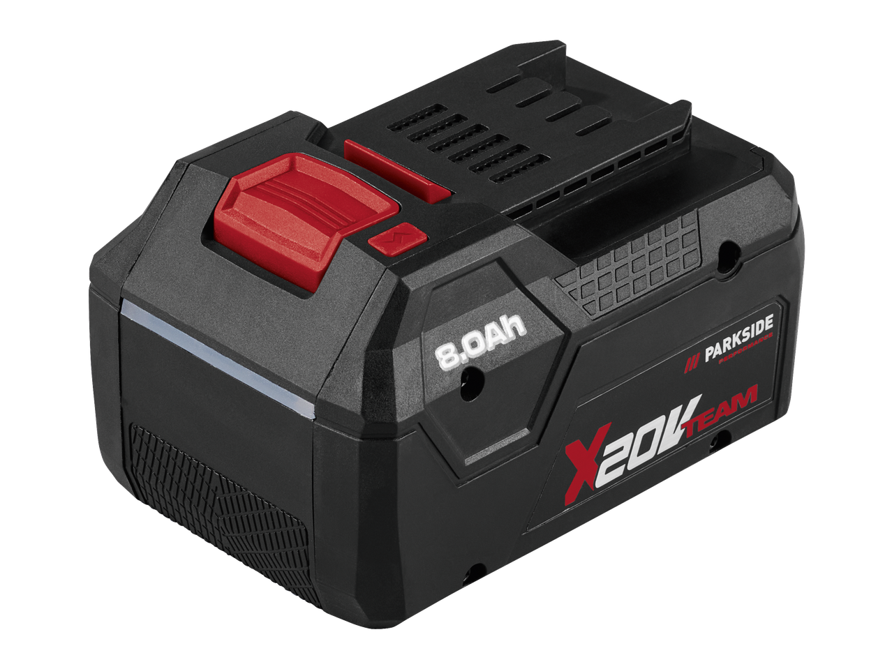PARKSIDE PERFORMANCE® 20V / 8 Ah Smart Battery, black and red with 'X 20V TEAM' branding.