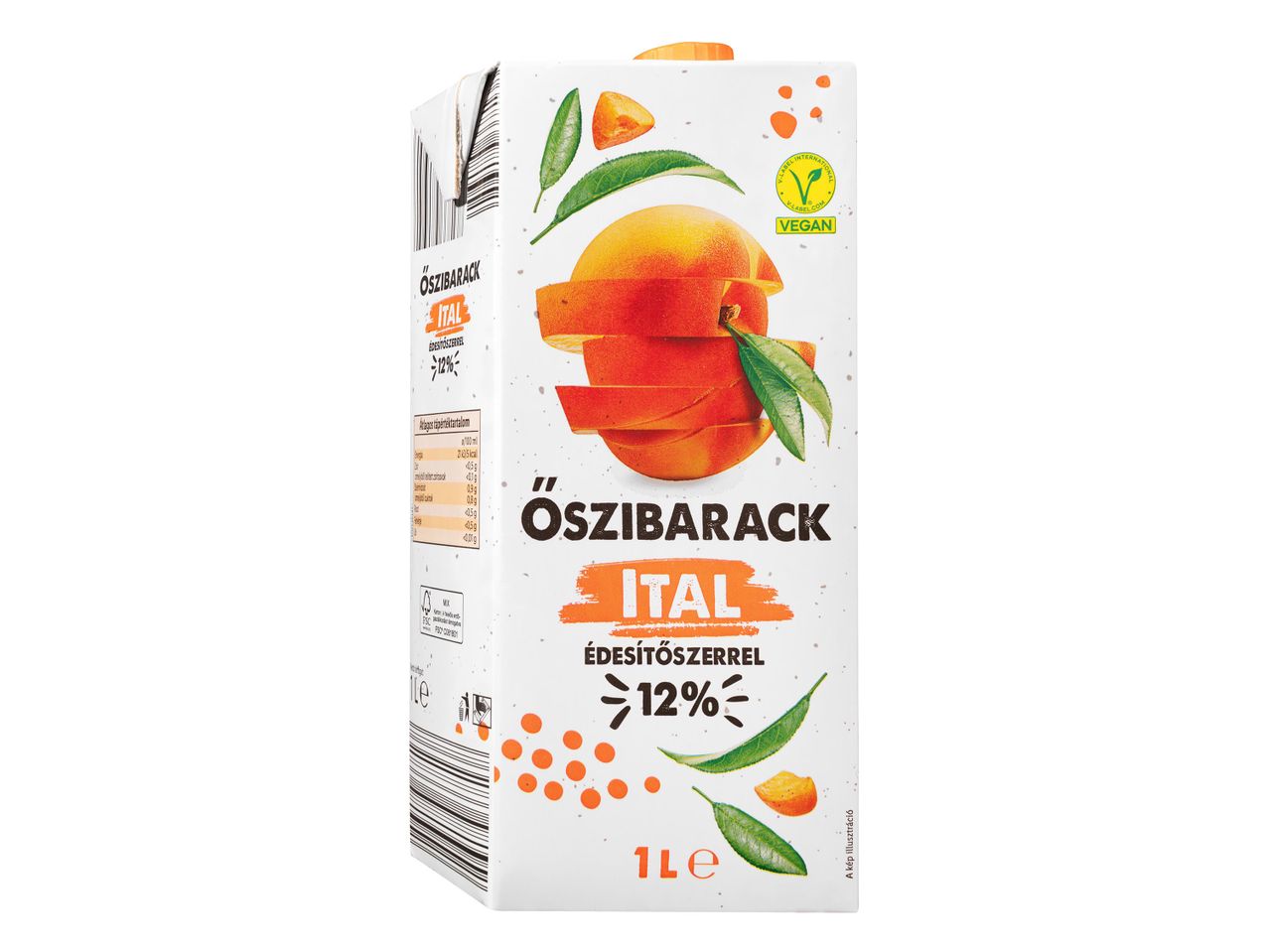 Őszibarack ital édesítőszerrel, 1 literes kiszerelésben, vegán jelöléssel.