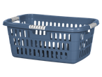 Blue plastic laundry basket with white and gray handles
