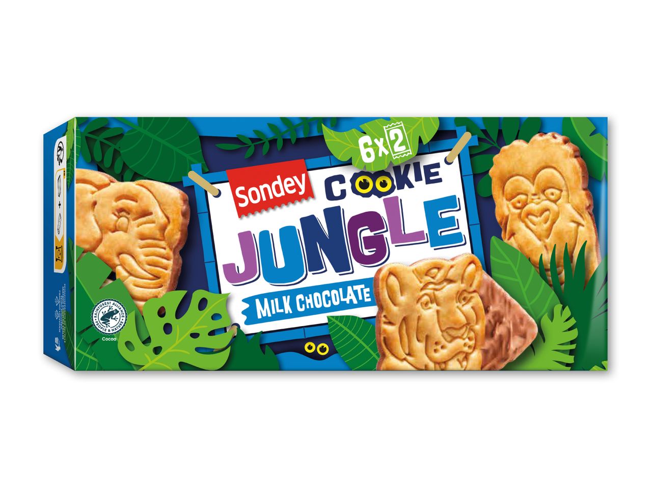 Kiks med mælkechokolade i jungletema, 6x2 pakker, med Rainforest Alliance-certificering.