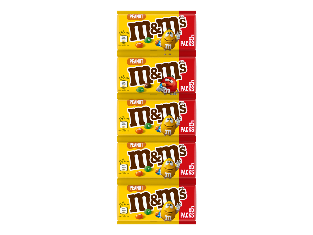 Vijf verpakkingen pinda-chocoladesnoepjes, elk met 5 zakjes, gestapeld op een zwarte achtergrond.