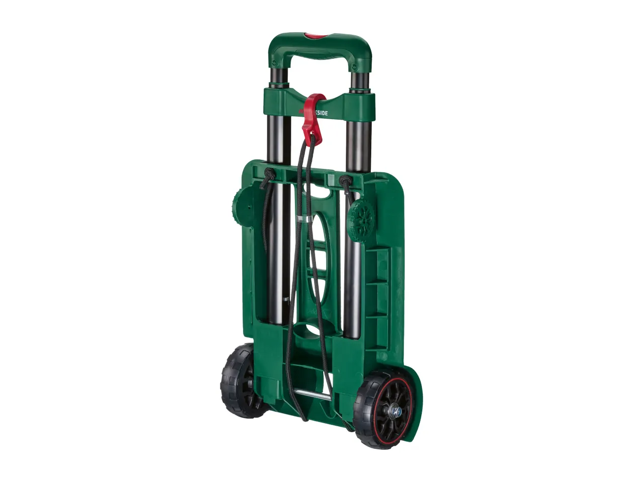 Foldable green hand truck with black wheels and bungee cords