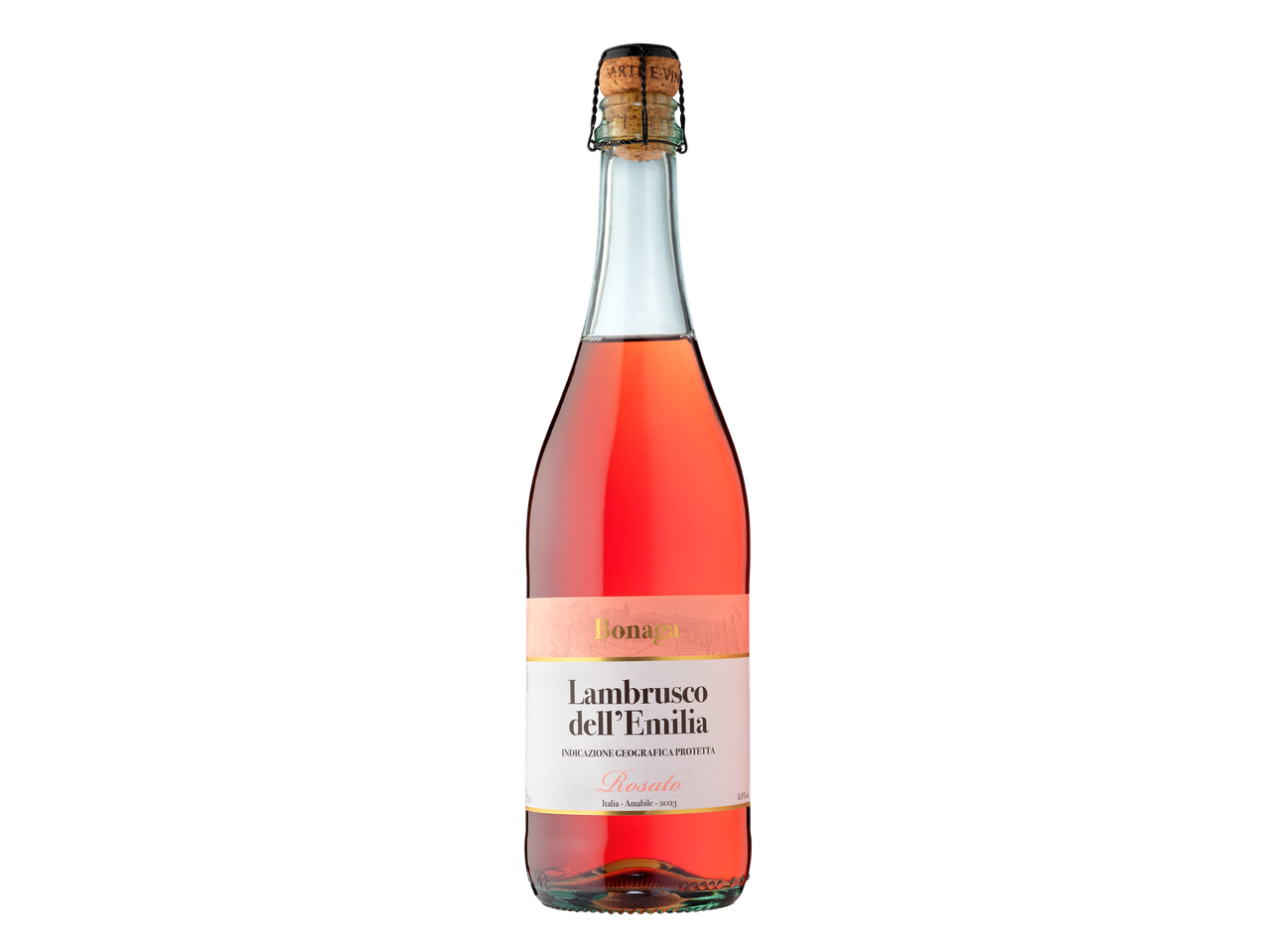 O sticlă de vin spumant Lambrusco dell'Emilia Rosato de la Bonaga.