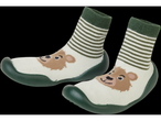 Lupilu baby shoes with a bear design and green stripes.