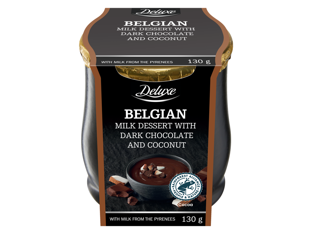 Deluxe Beļģijas piena deserts ar tumšo šokolādi un kokosriekstu, 130 g