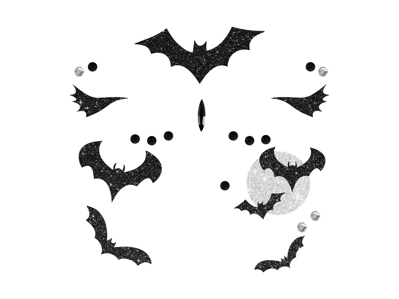 Glittery bat and moon Halloween face gems