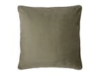 A square, olive green velvet cushion with piped edges.
