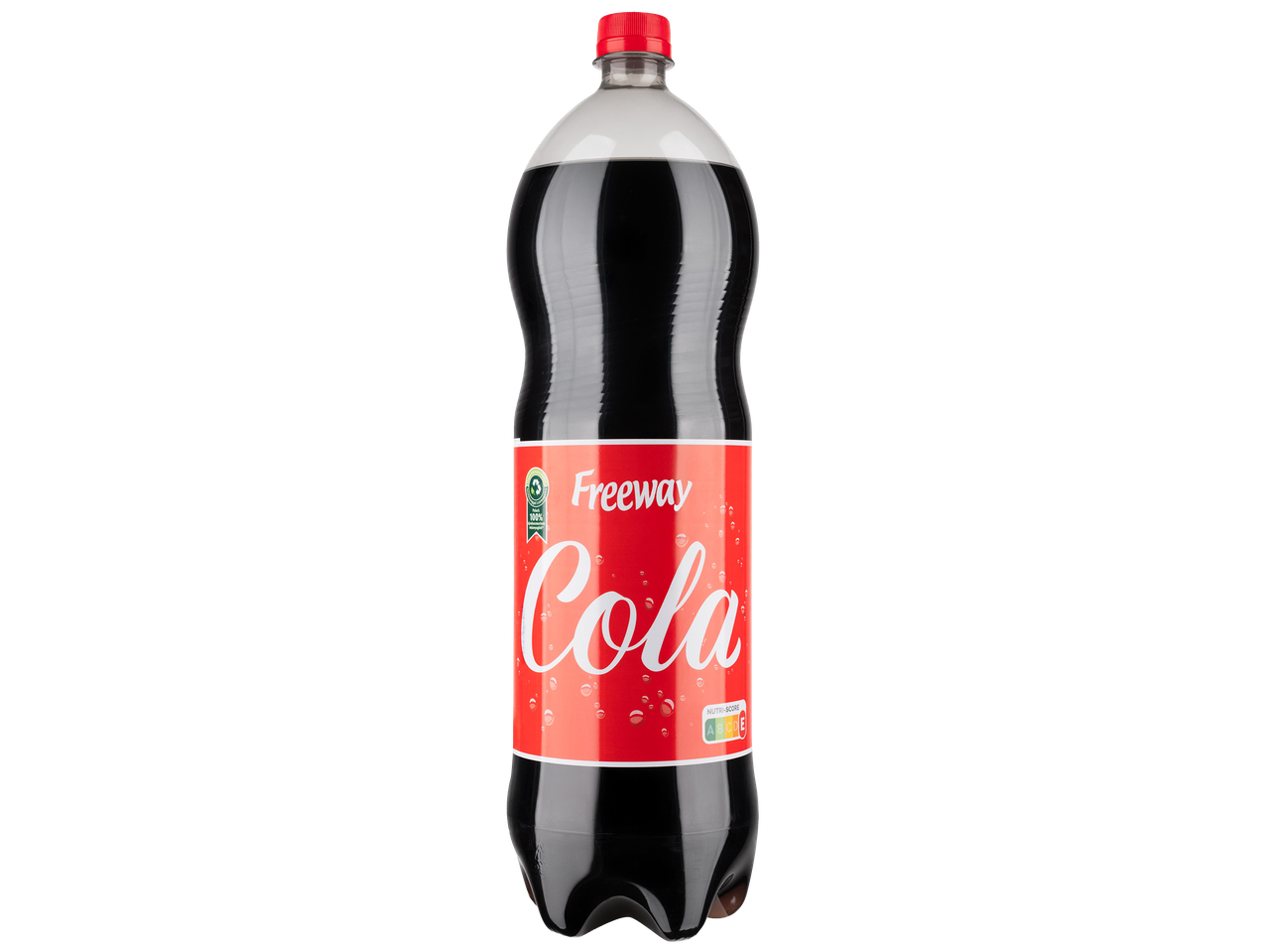 Egy nagy palack kóla, piros címkével, fekete háttér előtt.