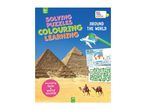 A children's activity book titled 'Solving Puzzles Colouring Learning Around the World' with pyramids and camels.