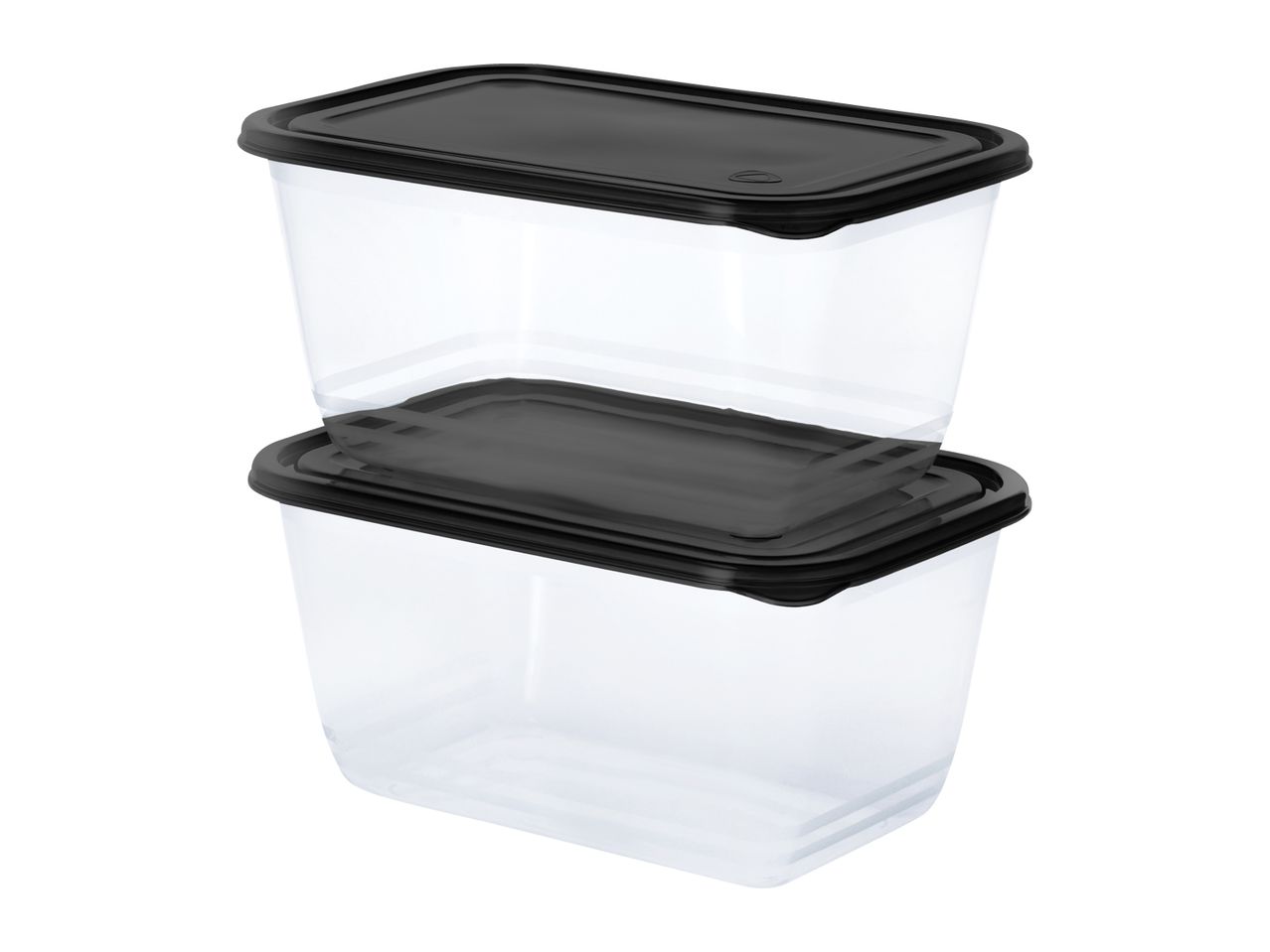 Two clear rectangular food storage containers with black lids, stacked on top of each other.