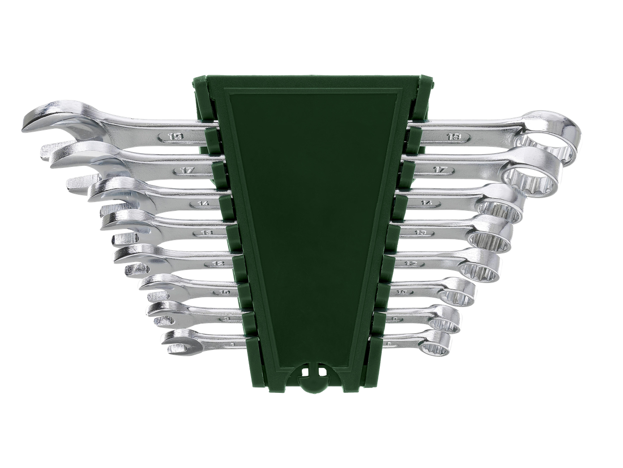 Villáskulcskészlet zöld tartóban, fekete háttér előtt.