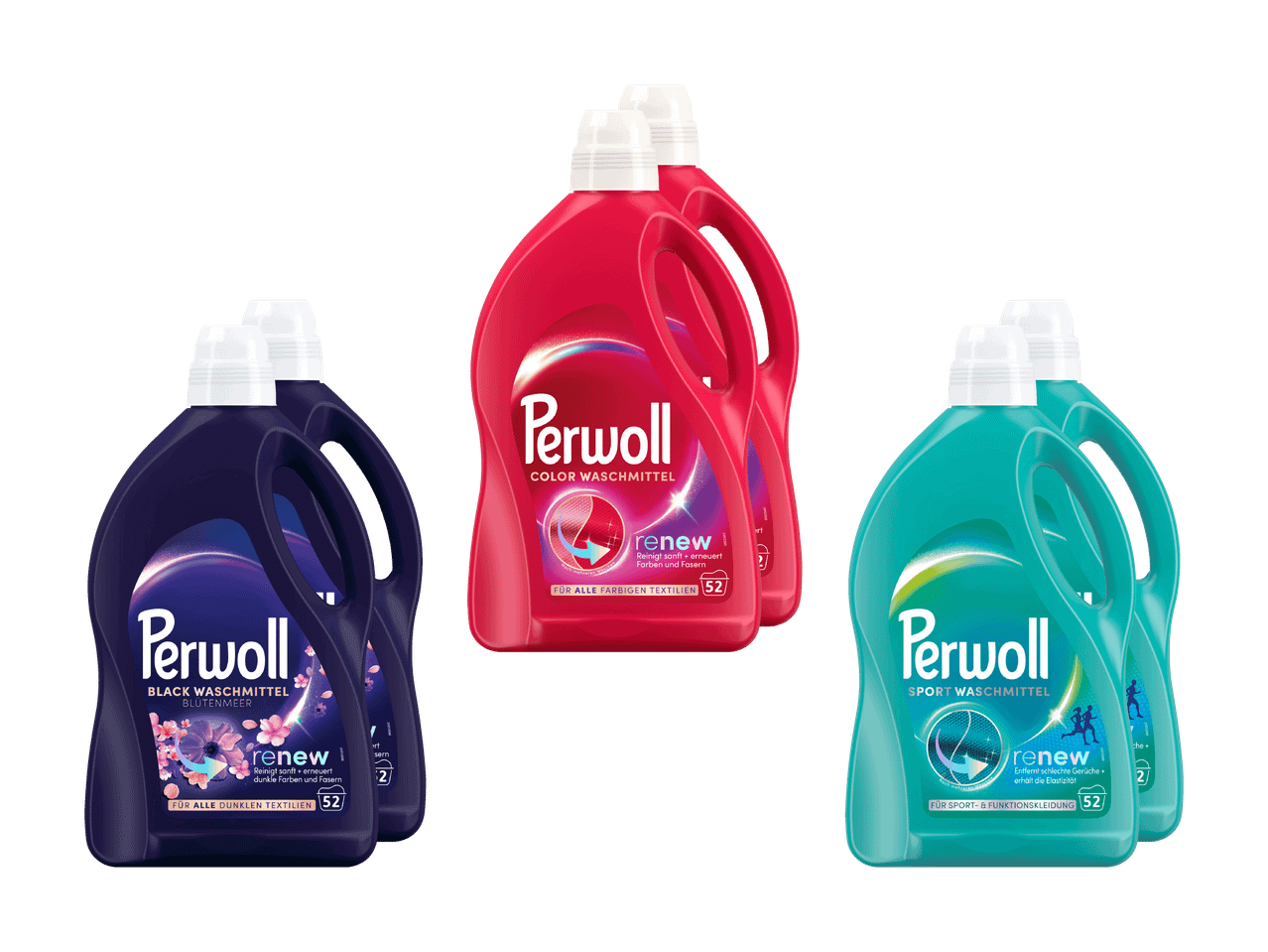 Drei Sets Perwoll Waschmittel, jeweils mit zwei Flaschen, für schwarze, farbige und Sportkleidung.
