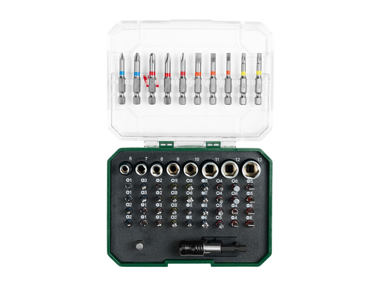 Screwdriver bit set with various bits, sockets, and a bit holder in a clear and green case.
