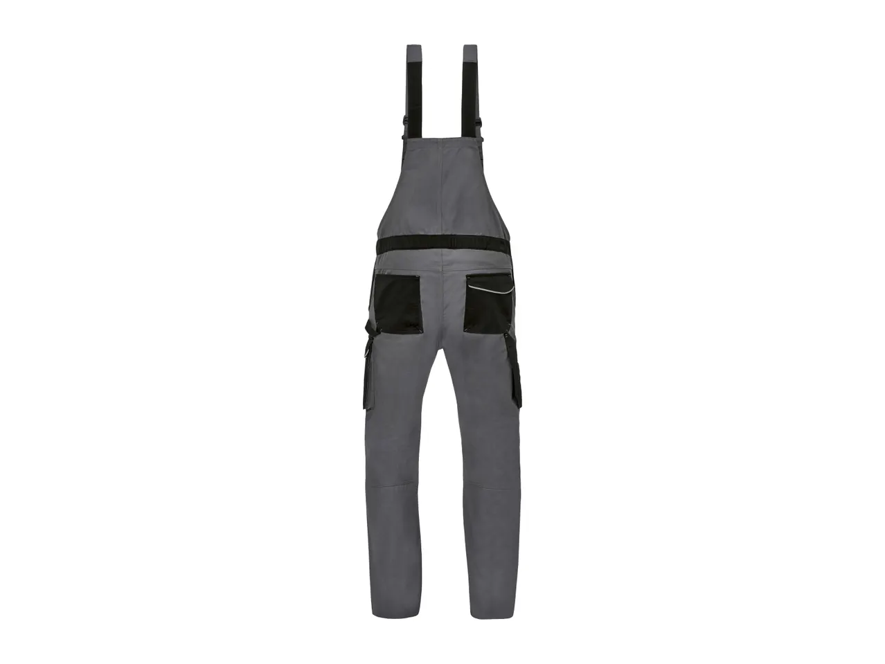 Gray work overalls with black accents and multiple pockets