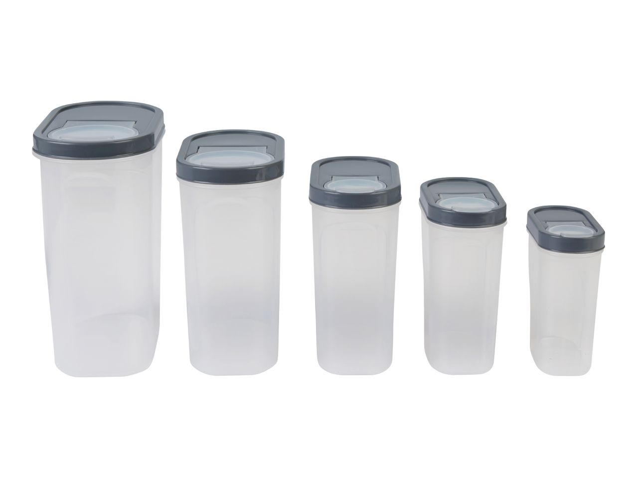 Set of five translucent plastic storage containers with gray lids.
