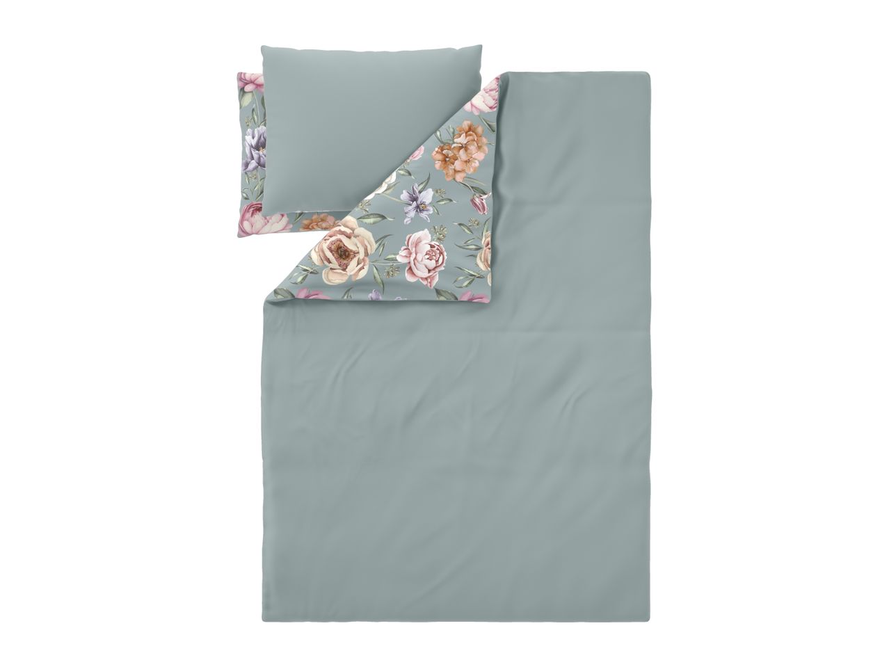 Duvet cover set with a floral pattern and a solid sage green side.