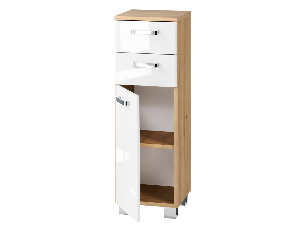 White and wood-effect cabinet with two drawers and an open door