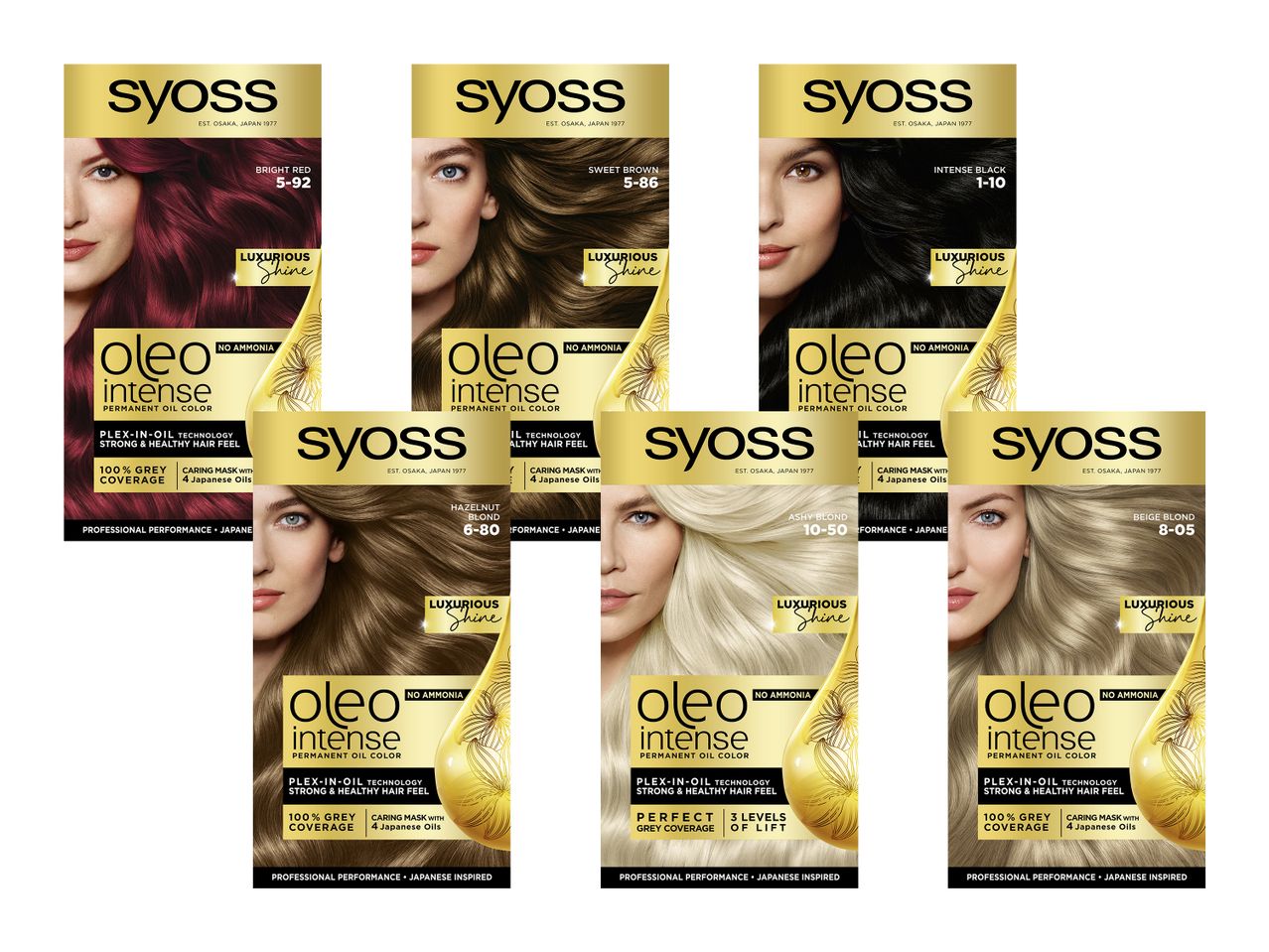 Syoss Oleo Intense vopsea de păr permanentă, fără amoniac, în nuanțe de roșu, maro, negru și blond.