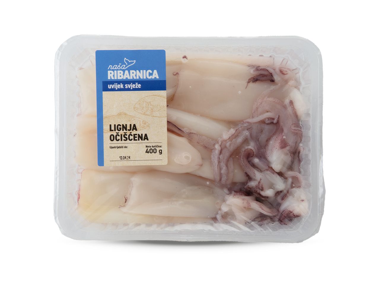 Pakiranje očišćene lignje marke Naša Ribarnica, neto težine 400g.