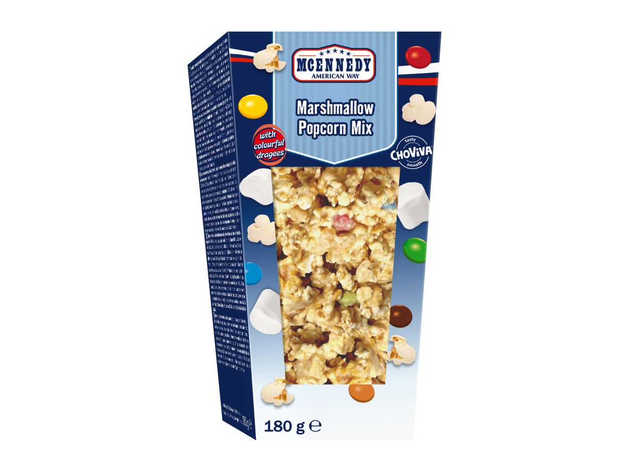 A 180g box of marshmallow popcorn mix with colourful dragees.