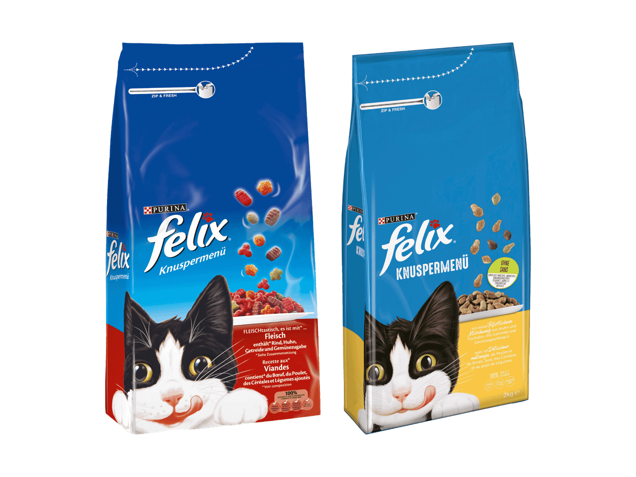 Zwei Beutel Katzenfutter, Fleisch- und Geflügelgeschmack, mit einer schwarz-weißen Katze.