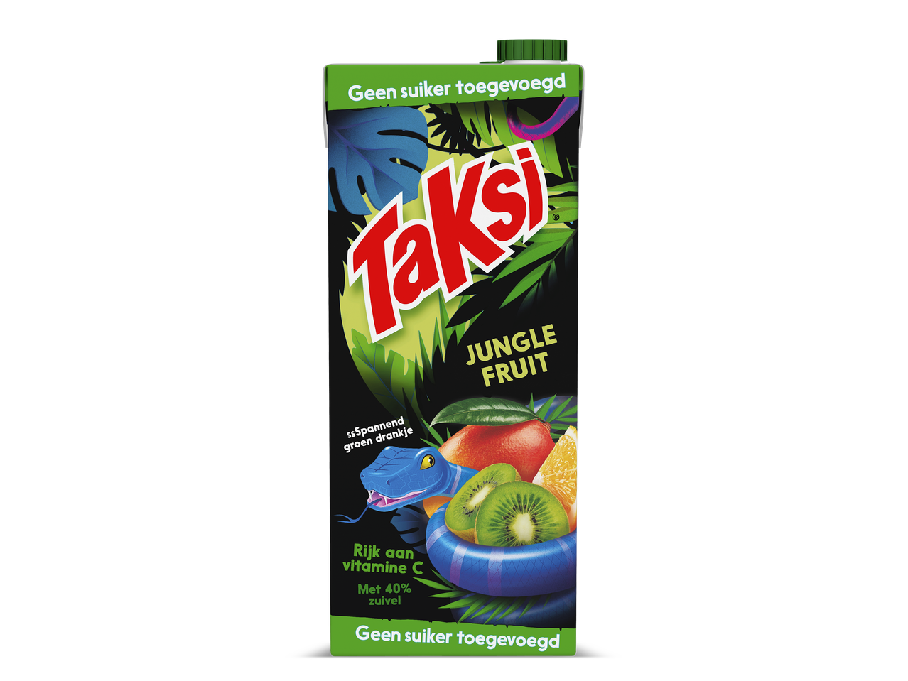 Een pak vruchtensap met de tekst 'Jungle Fruit', een slang en diverse vruchten.