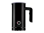 Black milk frother with a handle and control buttons, including a power button and various frothing settings.