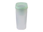 A clear plastic storage container with a light green lid.