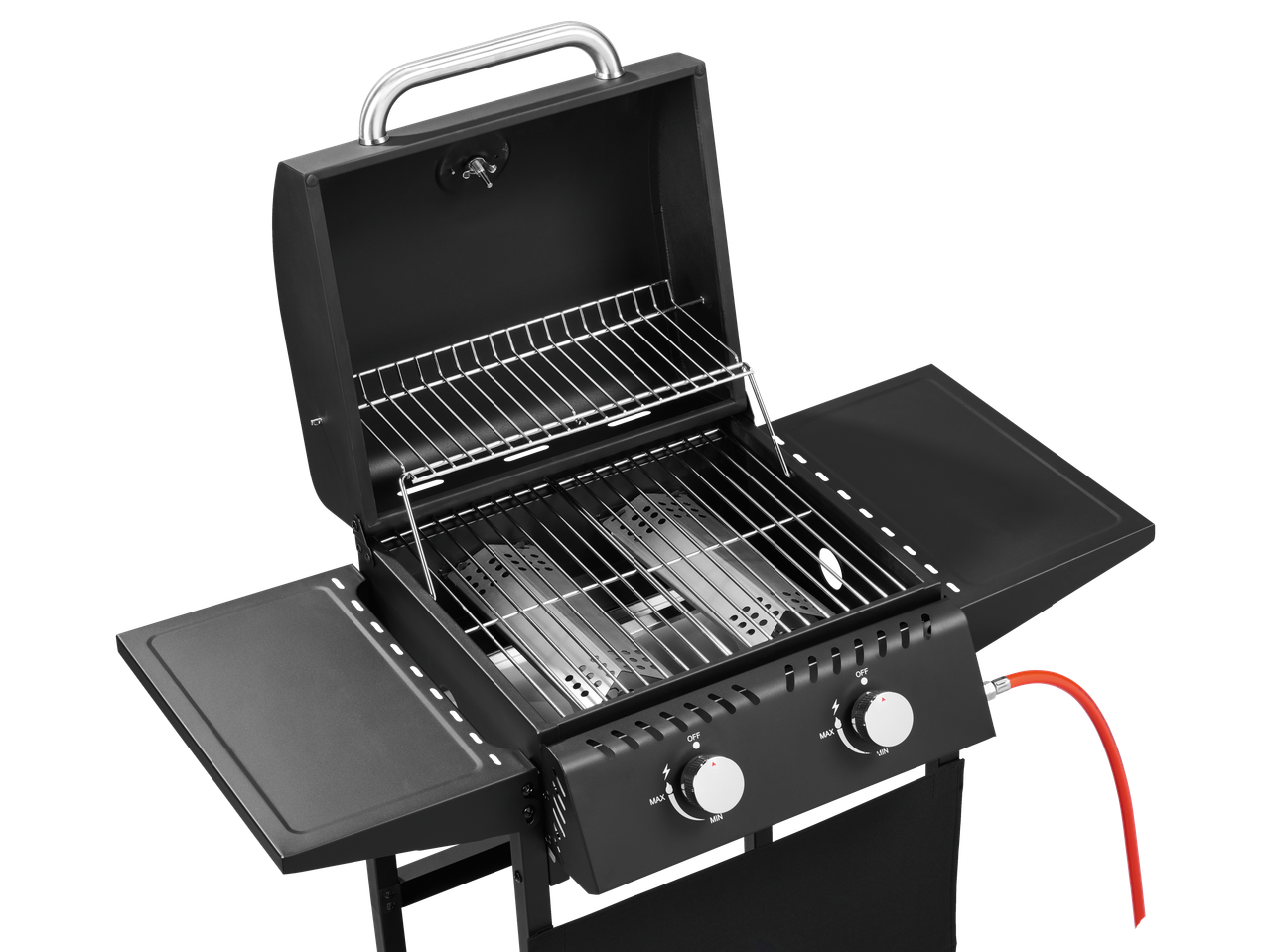 Grillmeister 2 Burner Gas Barbecue with open lid and grates