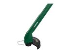 Green electric grass trimmer with a black guard and white cutting line.