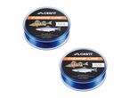 Two spools of blue fishing line with fish illustrations and product specifications.