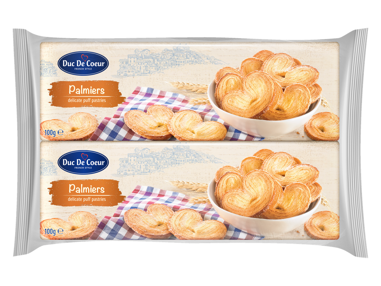 Divi Duc de Coeur Palmiers smalko kārtainās mīklas izstrādājumu iepakojumi.