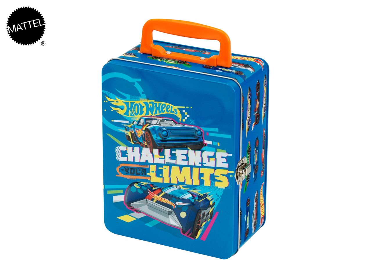 Blue metal lunchbox with an orange handle, featuring racing cars and the text 'CHALLENGE YOUR LIMITS'.