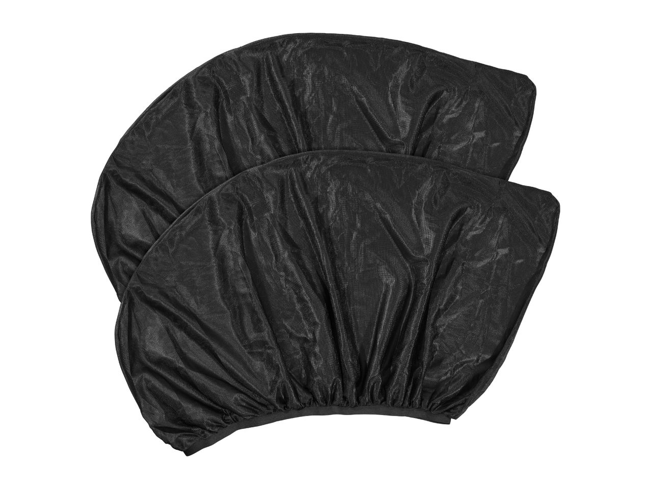 Two black car window sun shades, made of mesh fabric, overlapping each other.