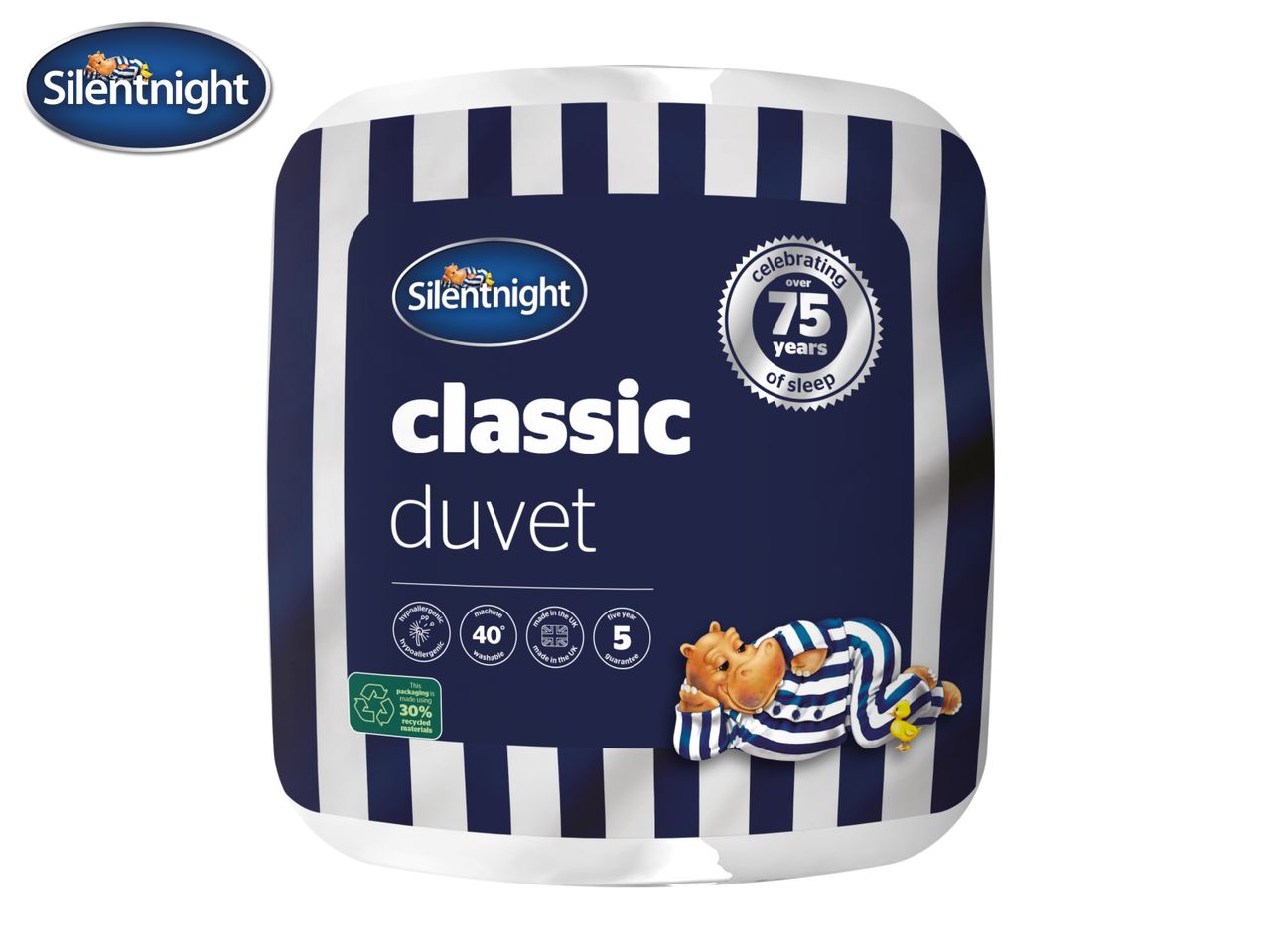 Silentnight Classic Duvet packaging with a sleeping hippo and text about 75 years of sleep.