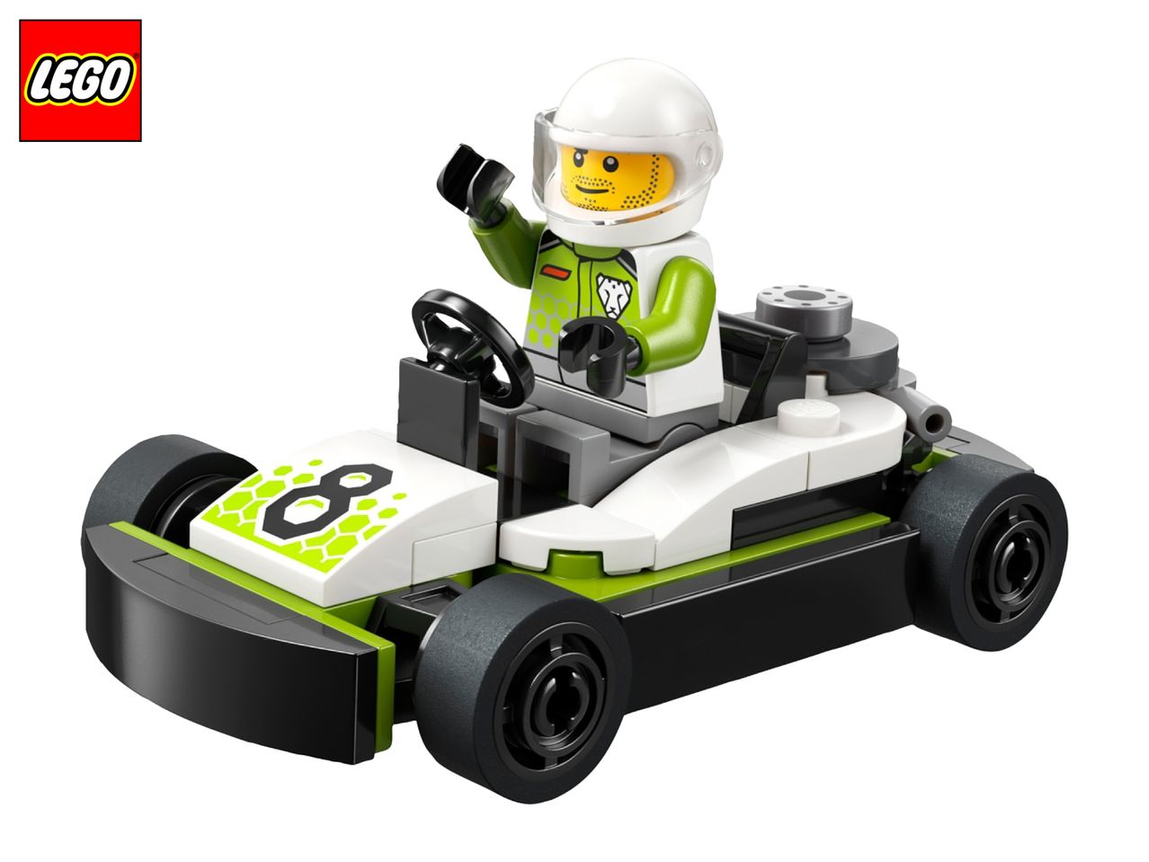 A green and white toy go-kart with a driver wearing a white helmet, number 8 on the front.