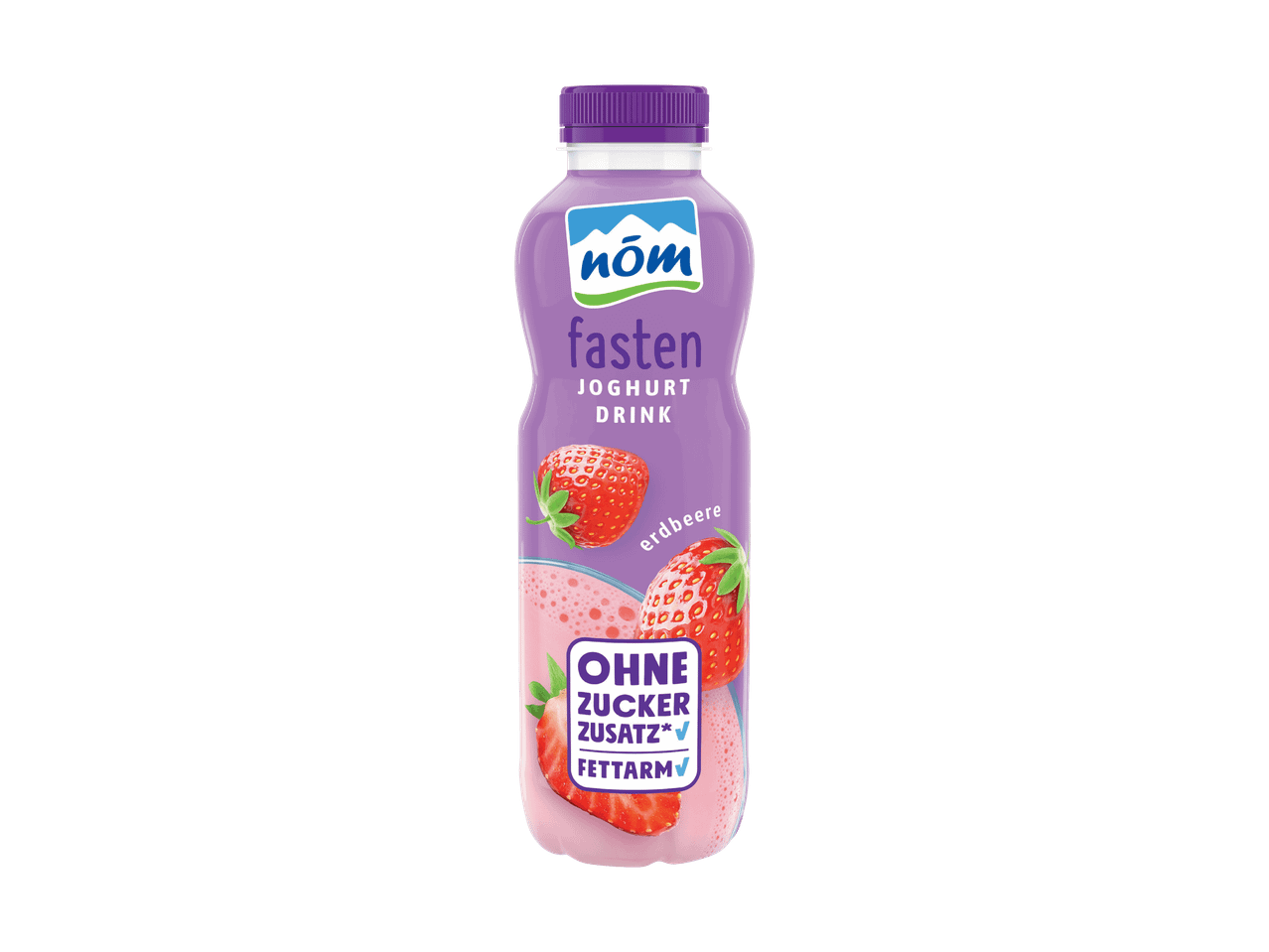 Nöm Fasten Joghurt Drink Erdbeere in einer lila Flasche